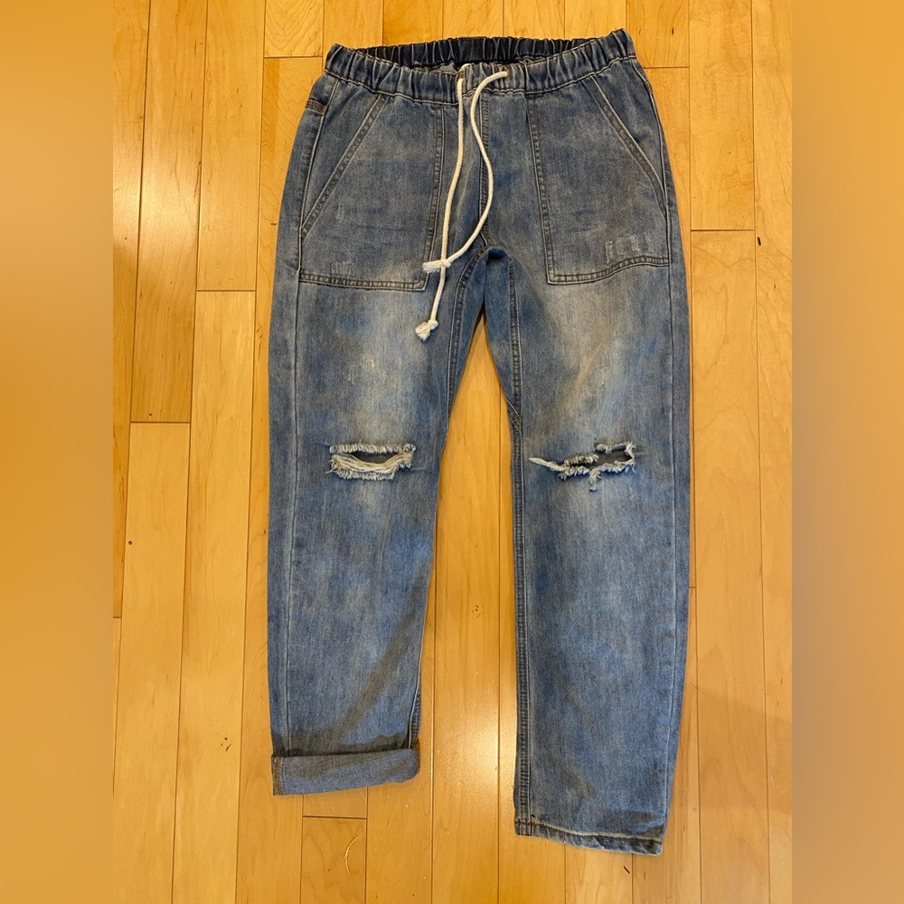 Mustard Seed distressed denim drop crotch, drawstring, jeans, Sz M